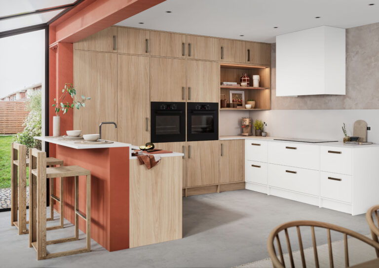 Plana Foresta Light Oak and Pure Matt Alpine White wood kitchen — Rooskey Kitchens, Co. Roscommon