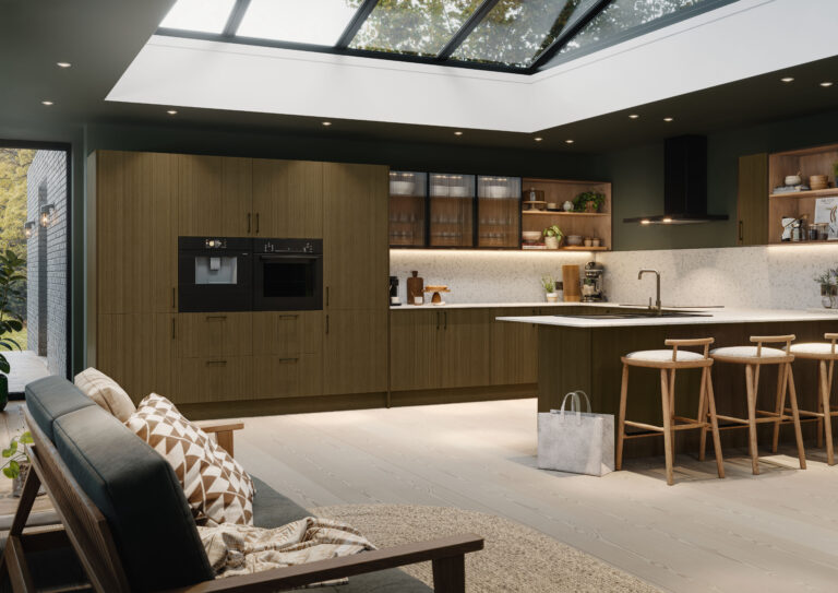 Plana Reeded Walnut textured wood kitchen — Rooskey Kitchens, Co. Roscommon