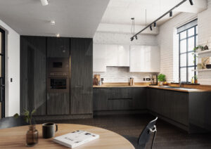 Plana Stria Gloss Silver and Pure Gloss White gloss kitchen — Rooskey Kitchens, Co. Roscommon