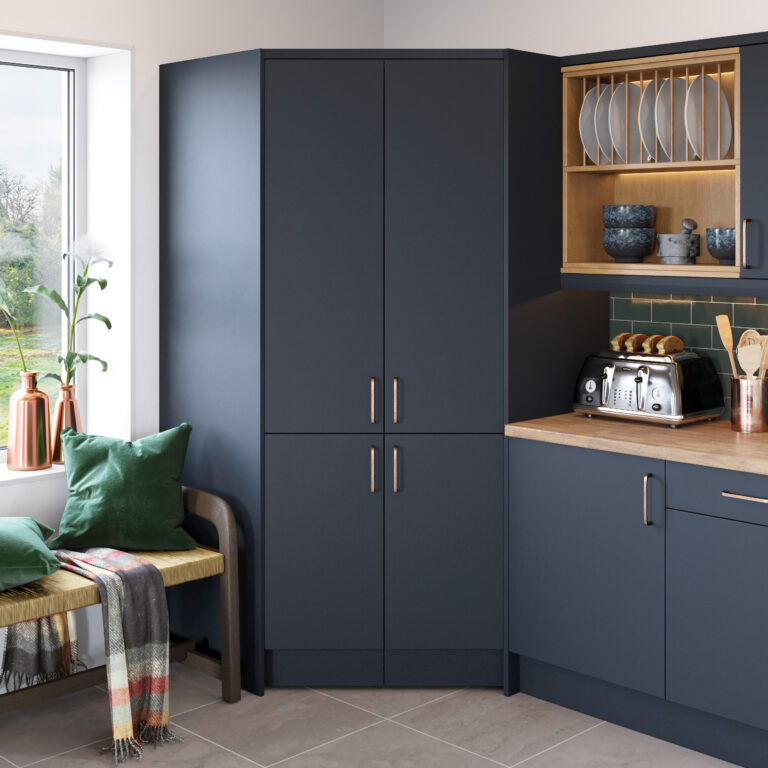Corner larder pull-out storage in Vivo+ Matt Indigo by Rooskey Kitchens